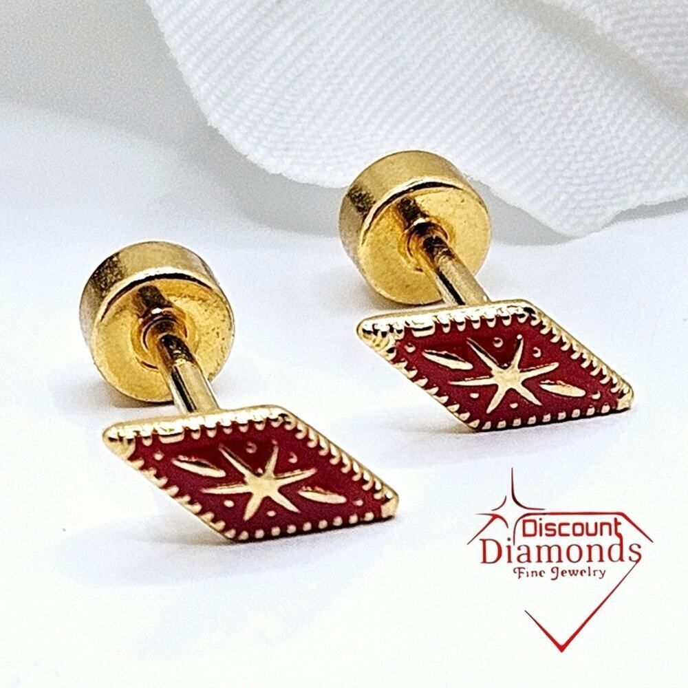 Dainty Red 18K Yellow Gold Vintage Diamond Shaped Screw Back Earrings